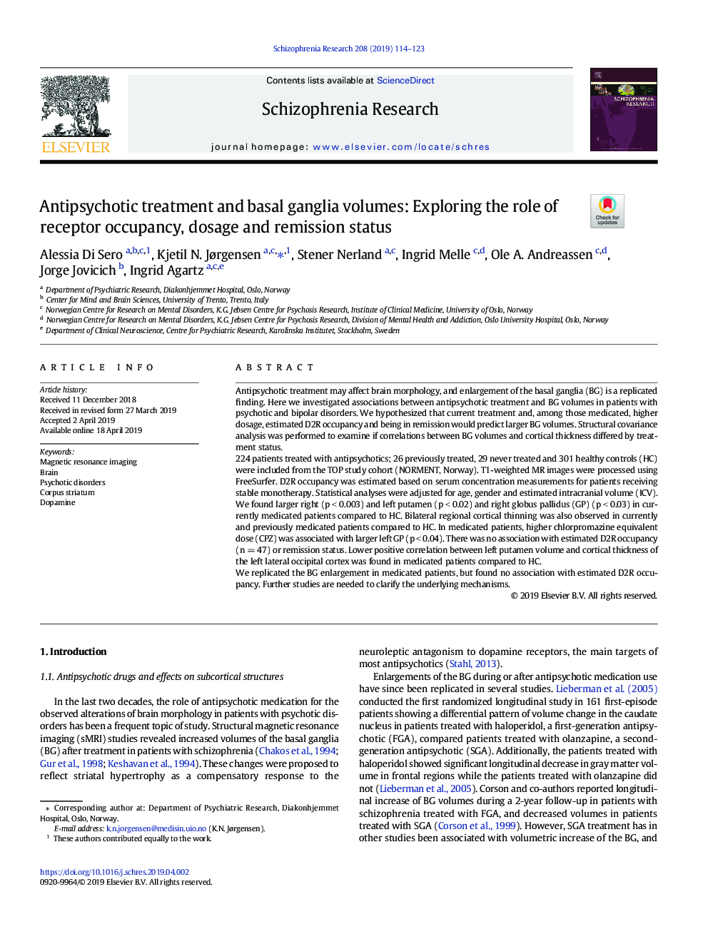 Antipsychotic treatment and basal ganglia volumes: Exploring the role of receptor occupancy, dosage and remission status