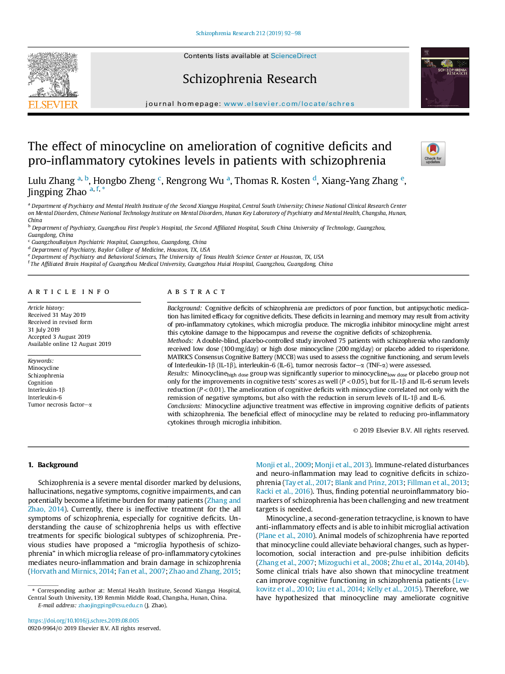 The effect of minocycline on amelioration of cognitive deficits and pro-inflammatory cytokines levels in patients with schizophrenia