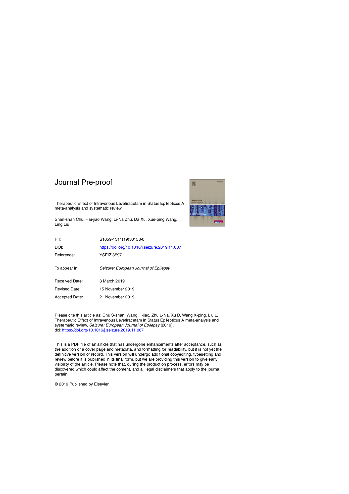 Therapeutic effect of intravenous levetiracetam in status epilepticus: A meta-analysis and systematic review