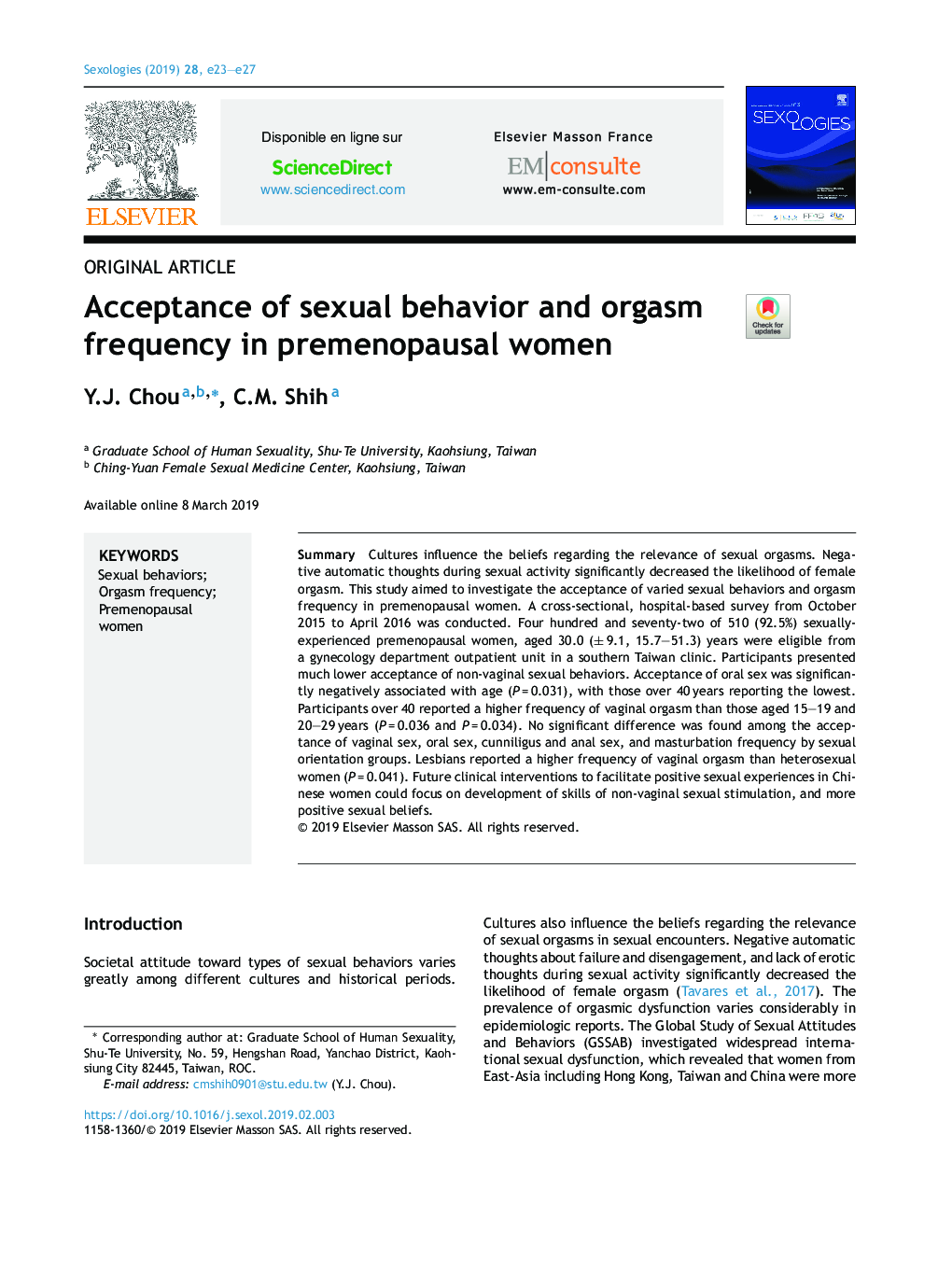 عکس صفحه اول مقاله: Acceptance of sexual behavior and orgasm frequency in premenopausal women Acceptance of sexual behavior and orgasm frequency in premenopausal women