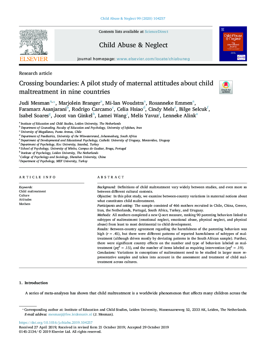 Crossing boundaries: A pilot study of maternal attitudes about child maltreatment in nine countries