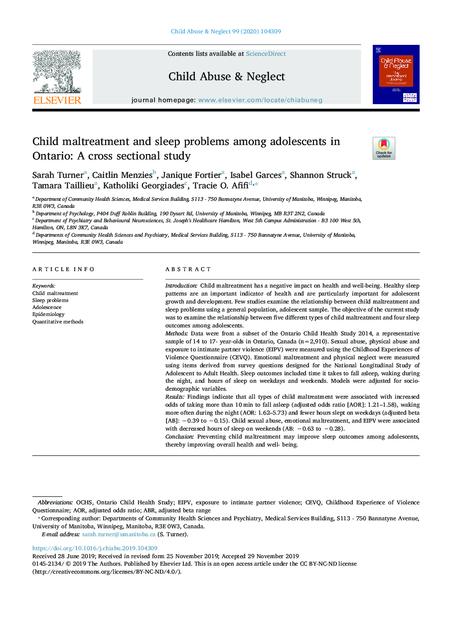 Child maltreatment and sleep problems among adolescents in Ontario: A cross sectional study