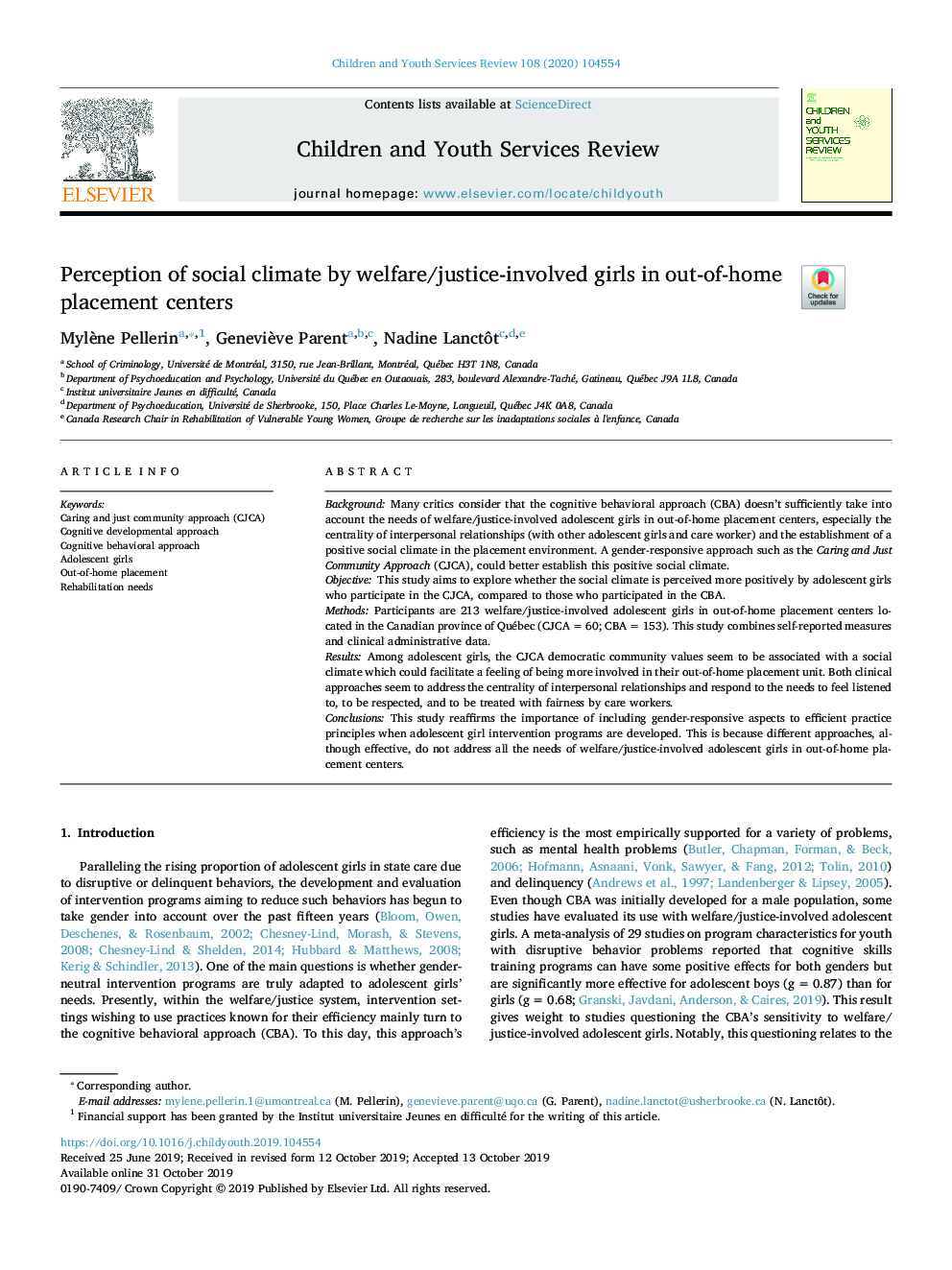 Perception of social climate by welfare/justice-involved girls in out-of-home placement centers