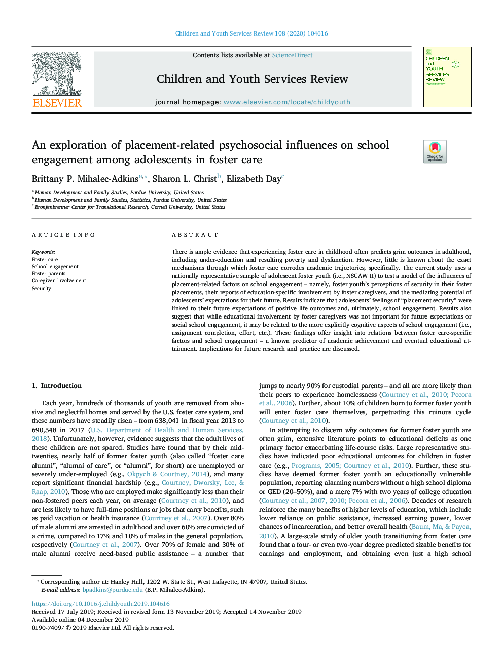 An exploration of placement-related psychosocial influences on school engagement among adolescents in foster care