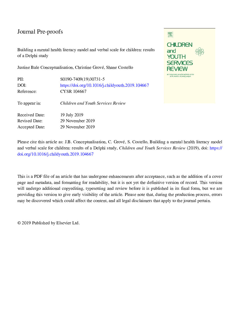 Building a mental health literacy model and verbal scale for children: Results of a Delphi study