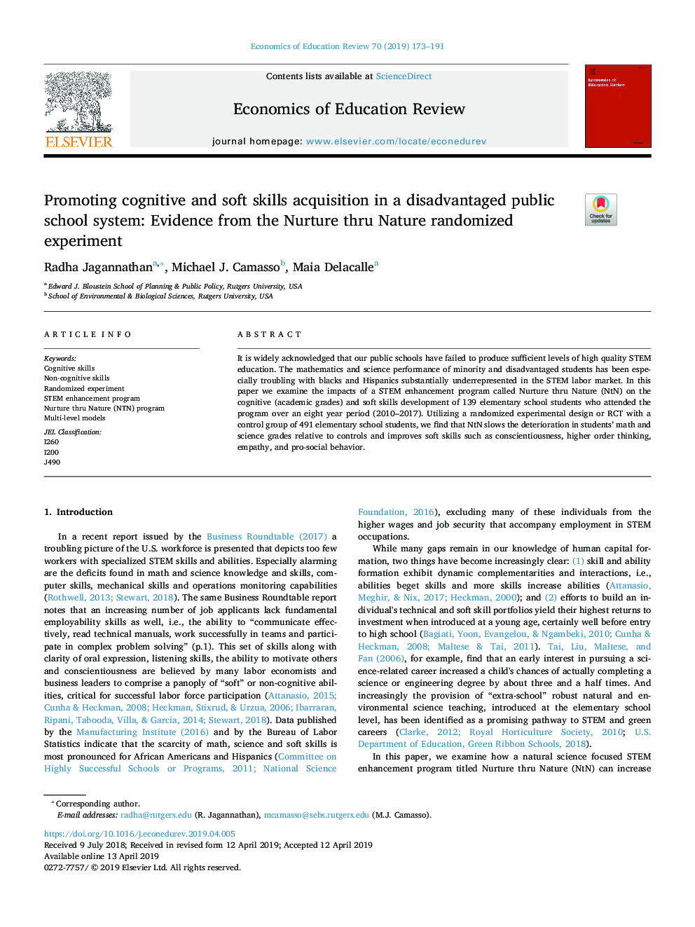 Promoting cognitive and soft skills acquisition in a disadvantaged public school system: Evidence from the Nurture thru Nature randomized experiment