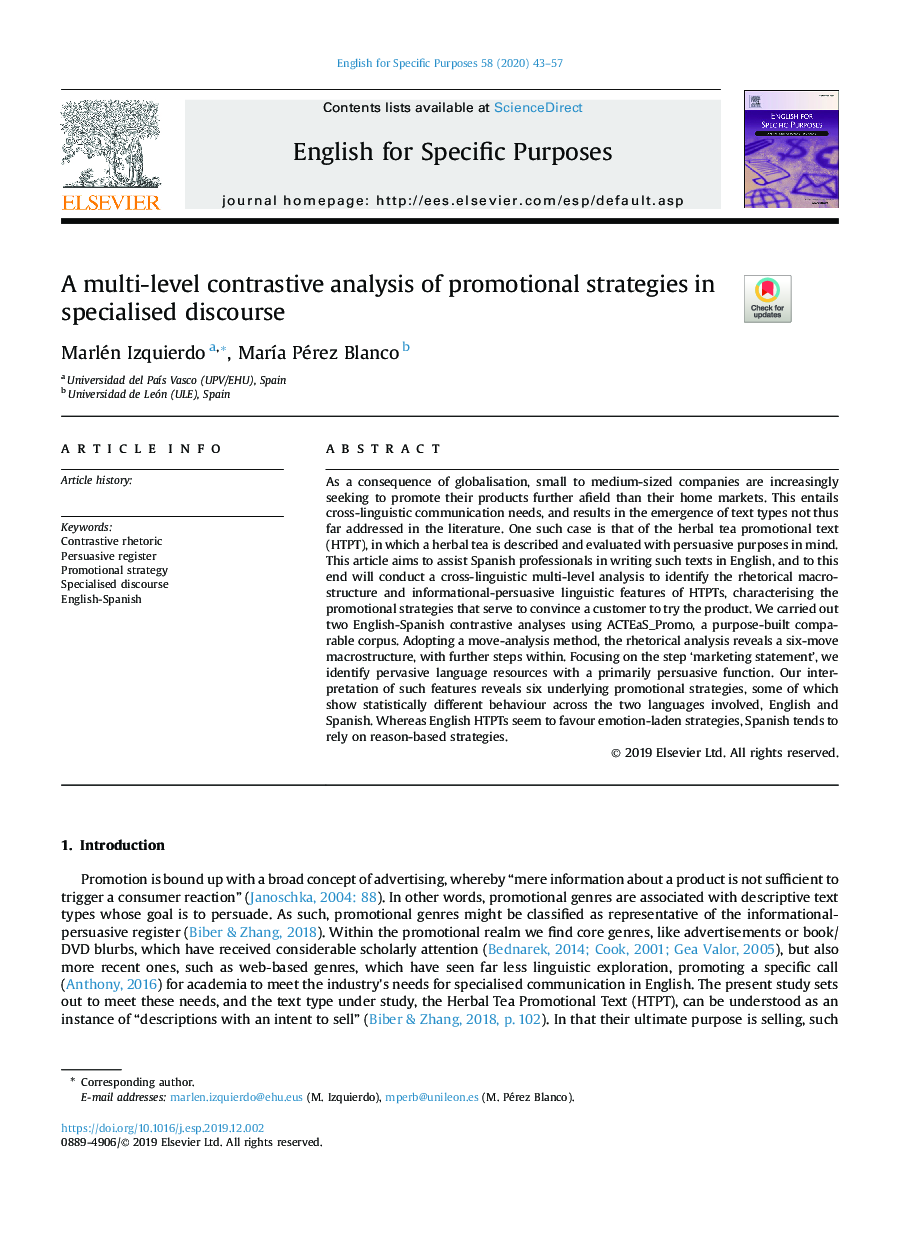 A multi-level contrastive analysis of promotional strategies in specialised discourse