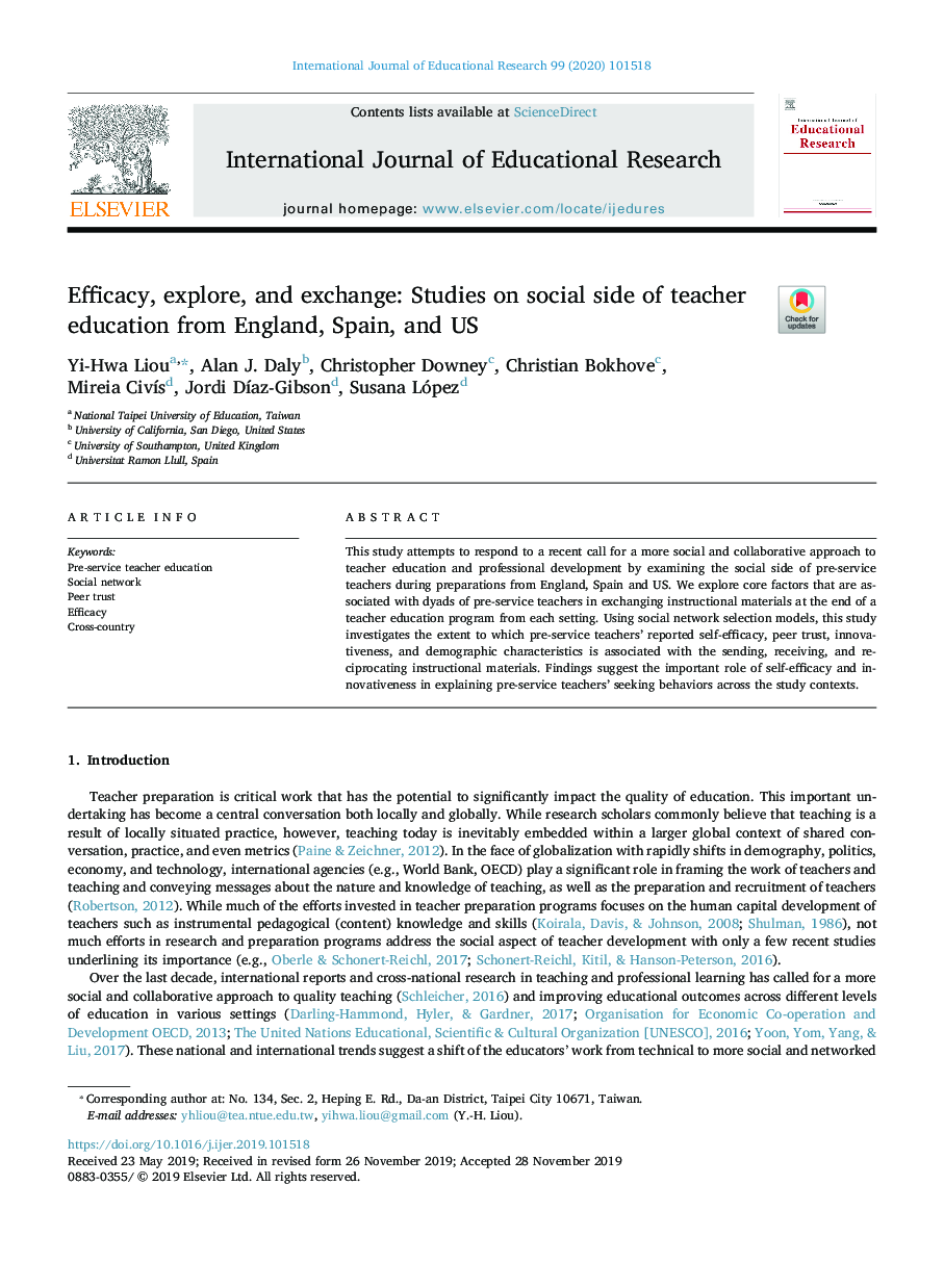 Efficacy, explore, and exchange: Studies on social side of teacher education from England, Spain, and US