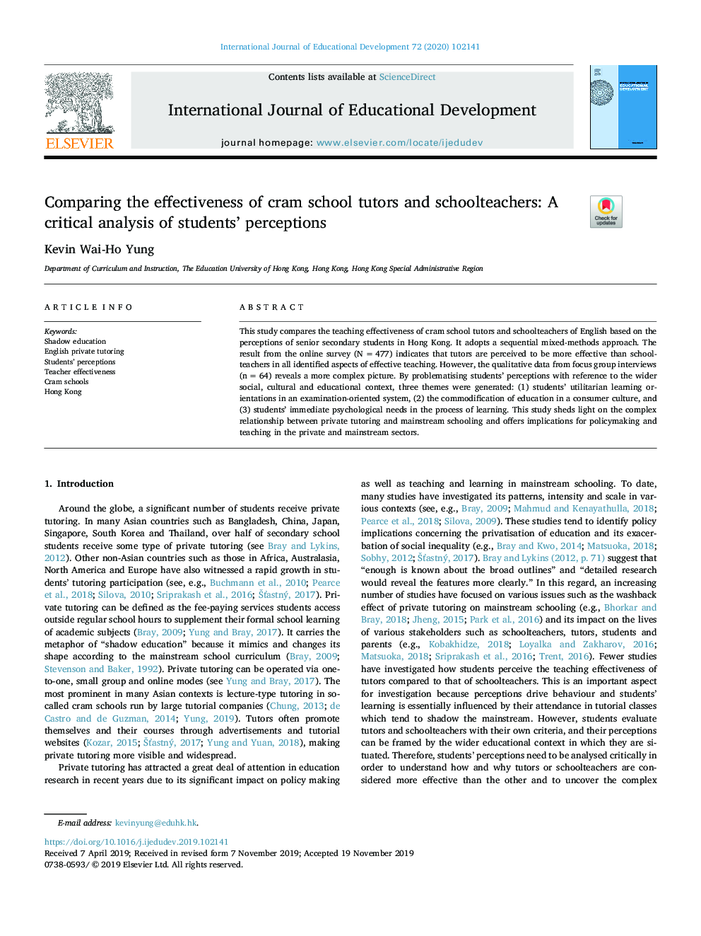 Comparing the effectiveness of cram school tutors and schoolteachers: A critical analysis of students' perceptions