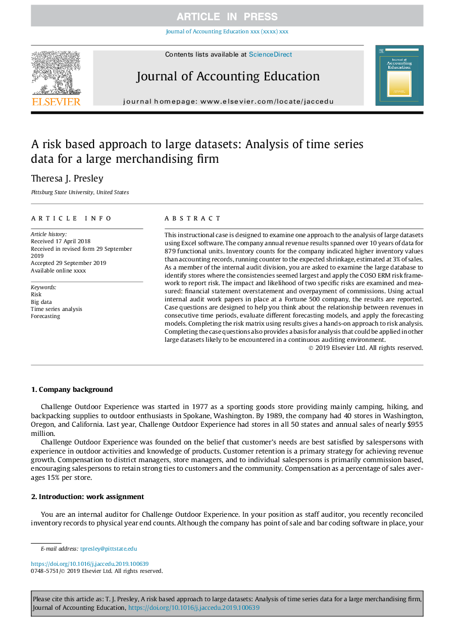 A risk based approach to large datasets: Analysis of time series data for a large merchandising firm