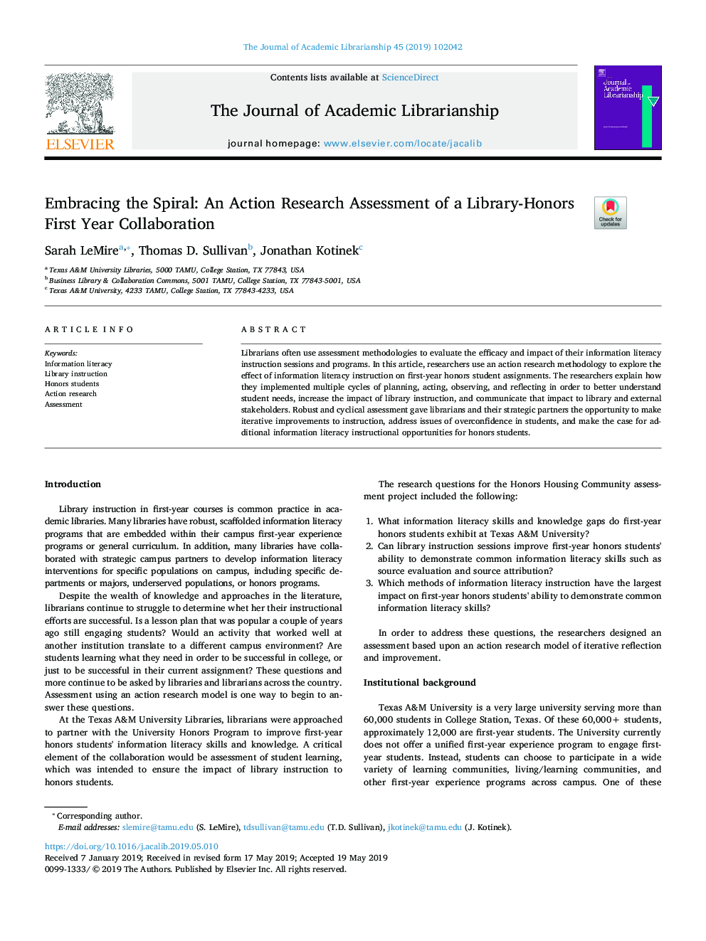 Embracing the Spiral: An Action Research Assessment of a Library-Honors First Year Collaboration