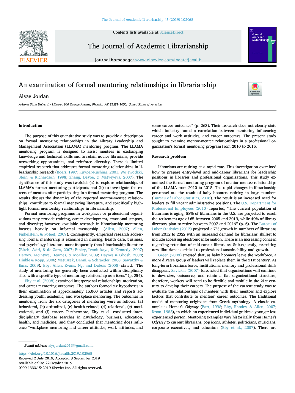 An examination of formal mentoring relationships in librarianship