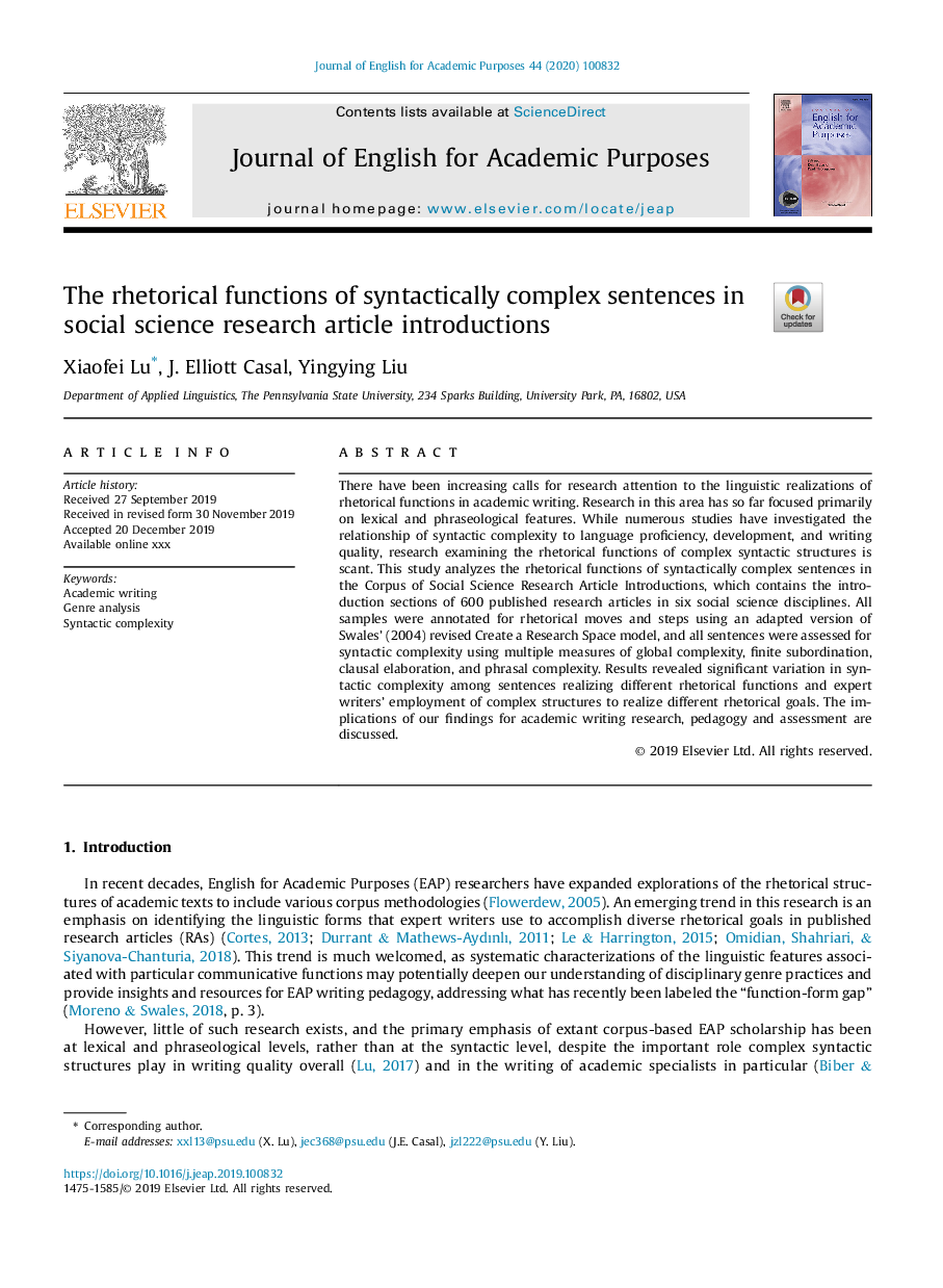 The rhetorical functions of syntactically complex sentences in social science research article introductions