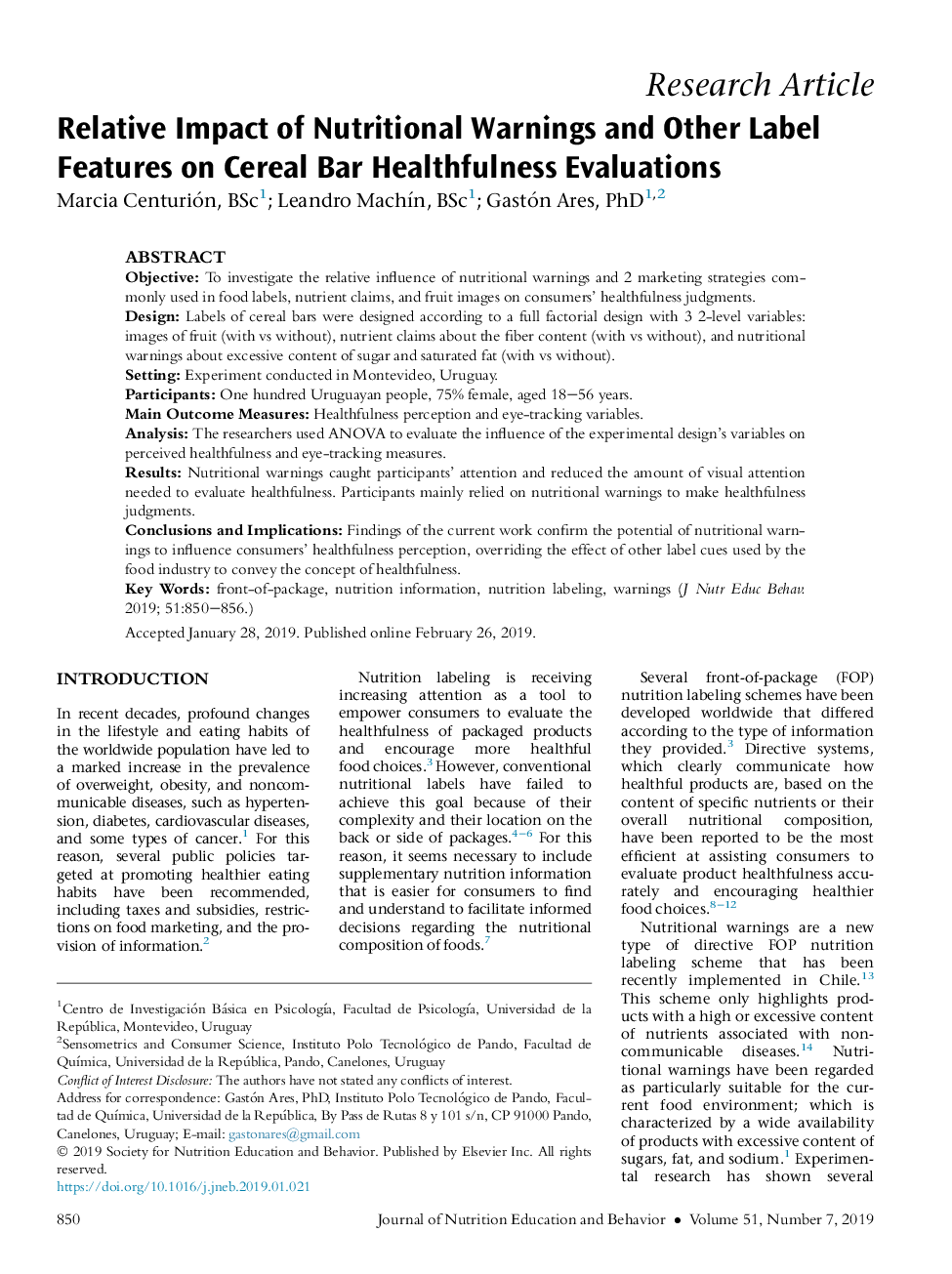 Relative Impact of Nutritional Warnings and Other Label Features on Cereal Bar Healthfulness Evaluations