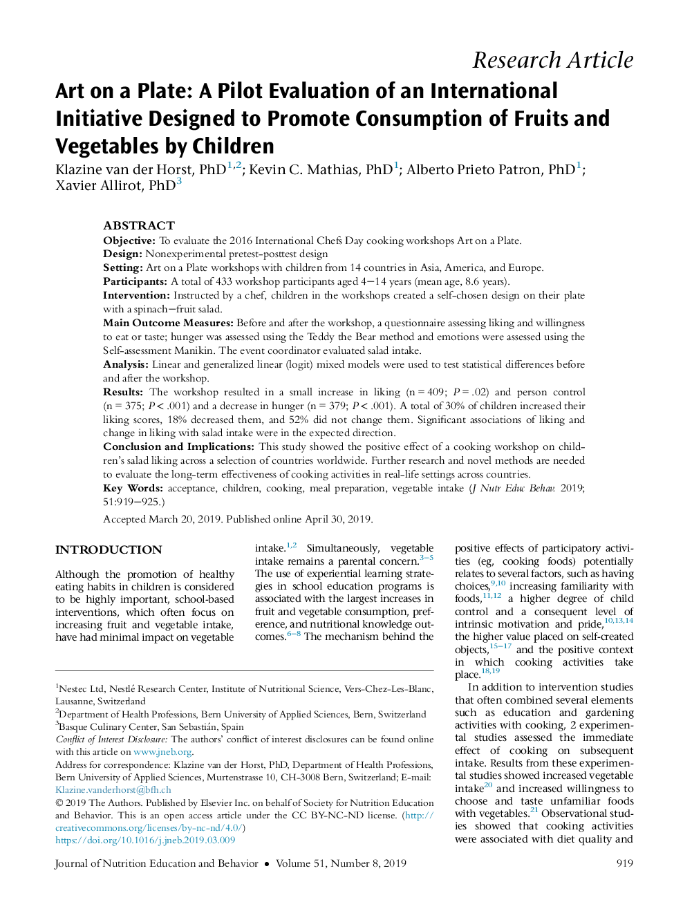 Art on a Plate: A Pilot Evaluation of an International Initiative Designed to Promote Consumption of Fruits and Vegetables by Children