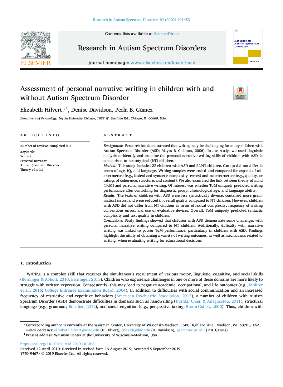 Assessment of personal narrative writing in children with and without Autism Spectrum Disorder