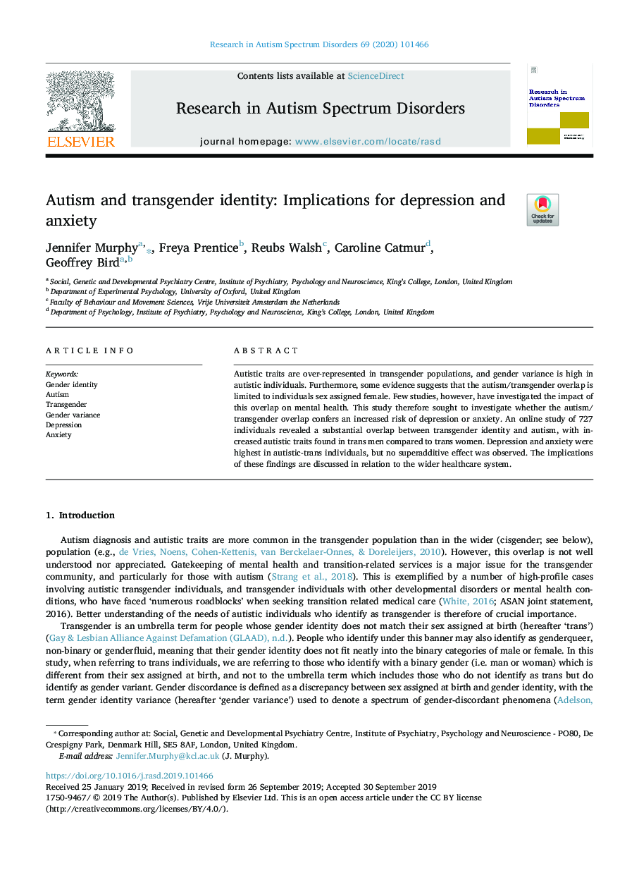 Autism and transgender identity: Implications for depression and anxiety