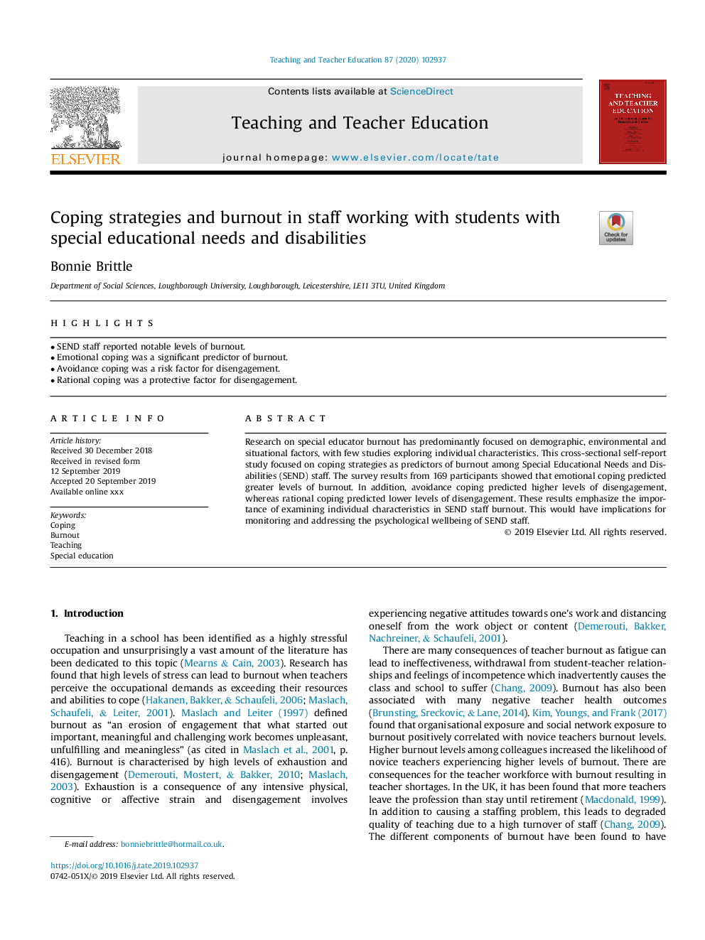 Coping strategies and burnout in staff working with students with special educational needs and disabilities