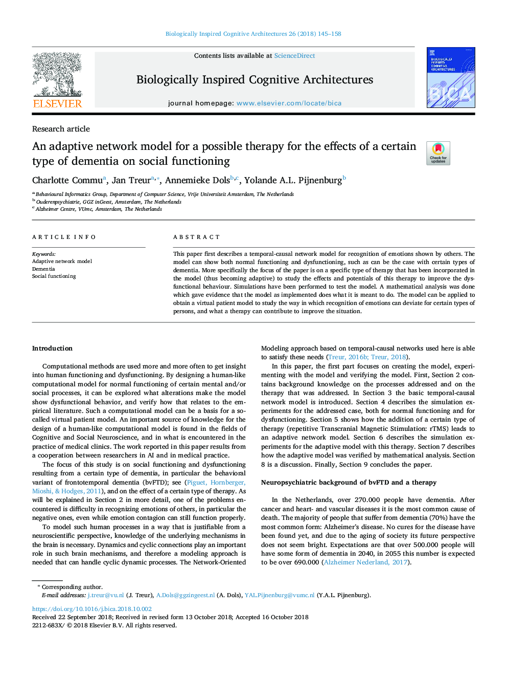 عکس صفحه اول مقاله: An adaptive network model for a possible therapy for the effects of a certain type of dementia on social functioning An adaptive network model for a possible therapy for the effects of a certain type of dementia on social functioning