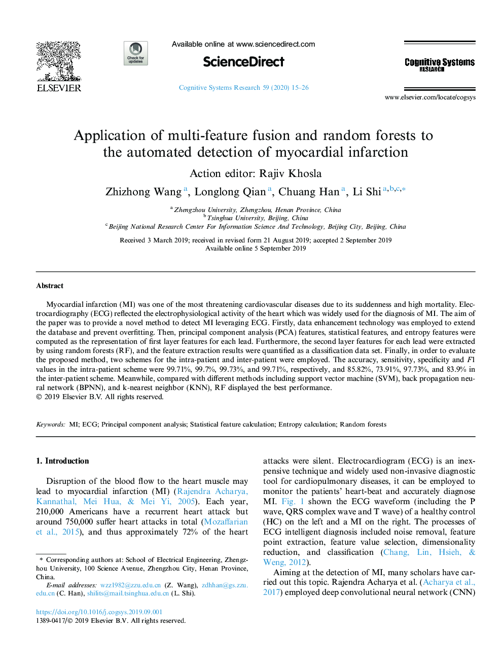 Application of multi-feature fusion and random forests to the automated detection of myocardial infarction