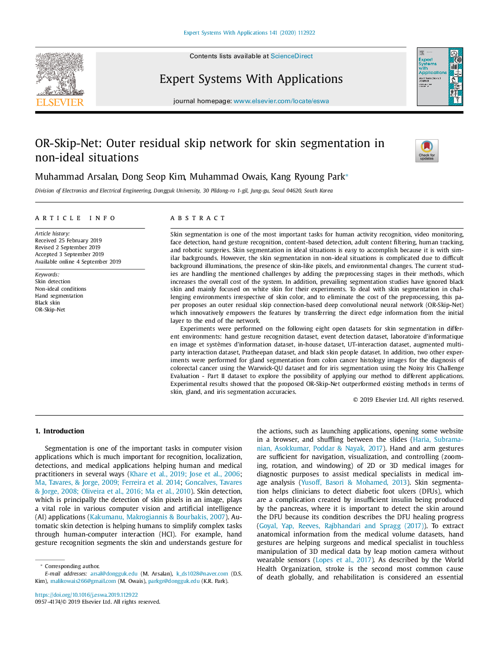 OR-Skip-Net: Outer residual skip network for skin segmentation in non-ideal situations