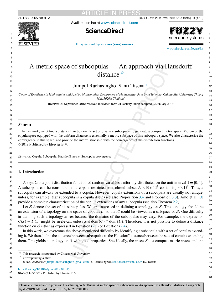 A metric space of subcopulas - An approach via Hausdorff distance