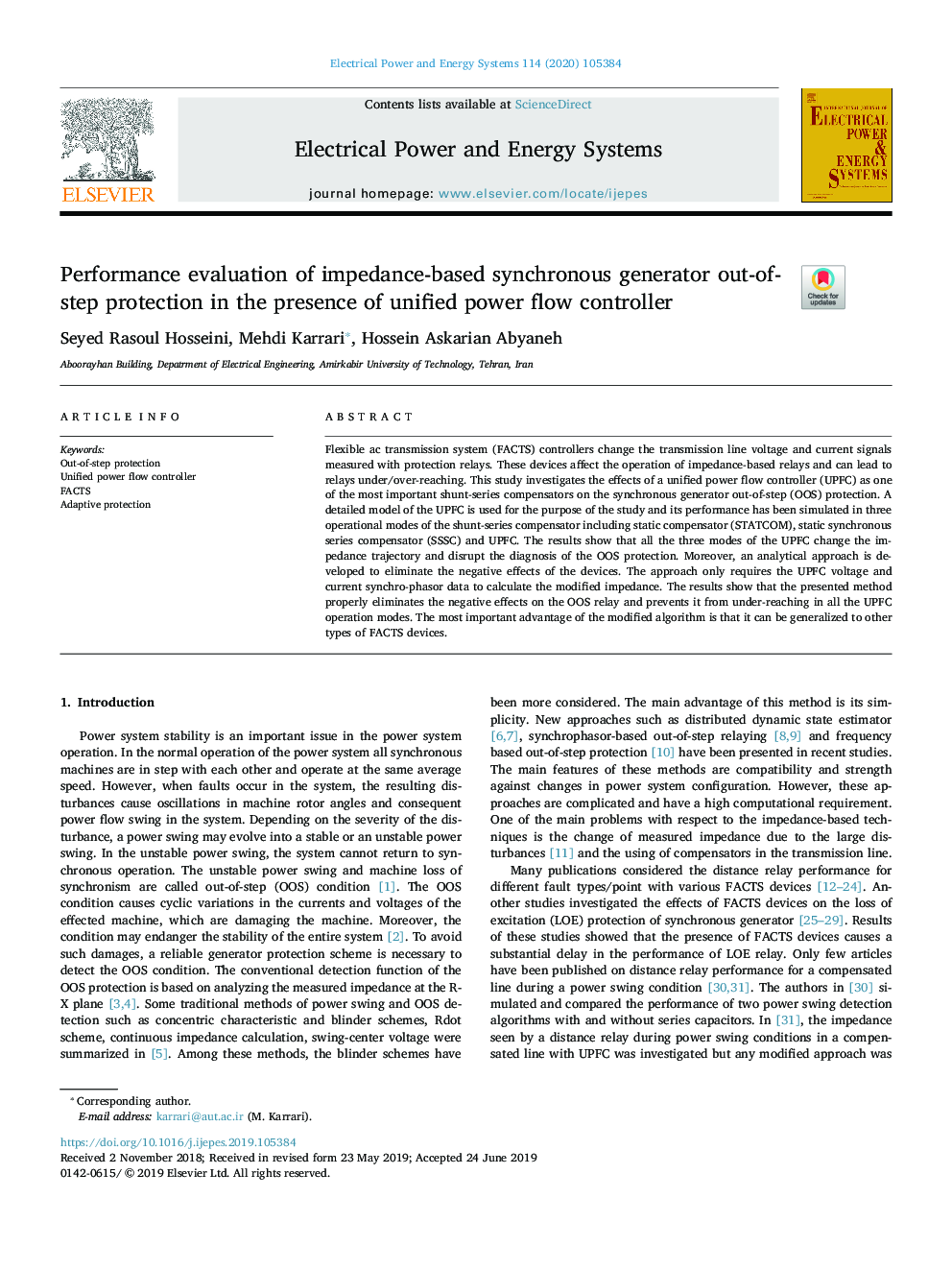 Performance evaluation of impedance-based synchronous generator out-of-step protection in the presence of unified power flow controller