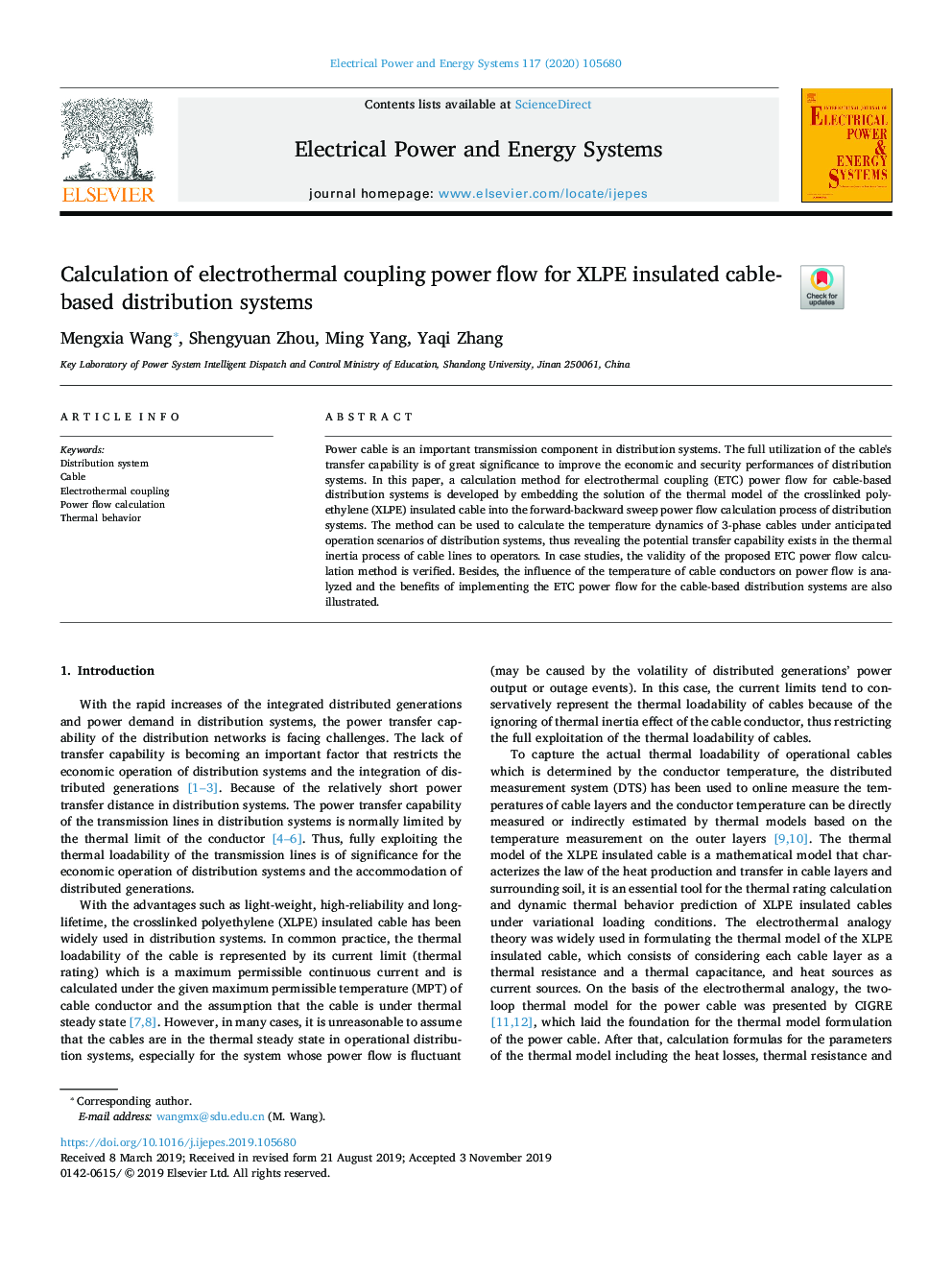 Calculation of electrothermal coupling power flow for XLPE insulated cable-based distribution systems