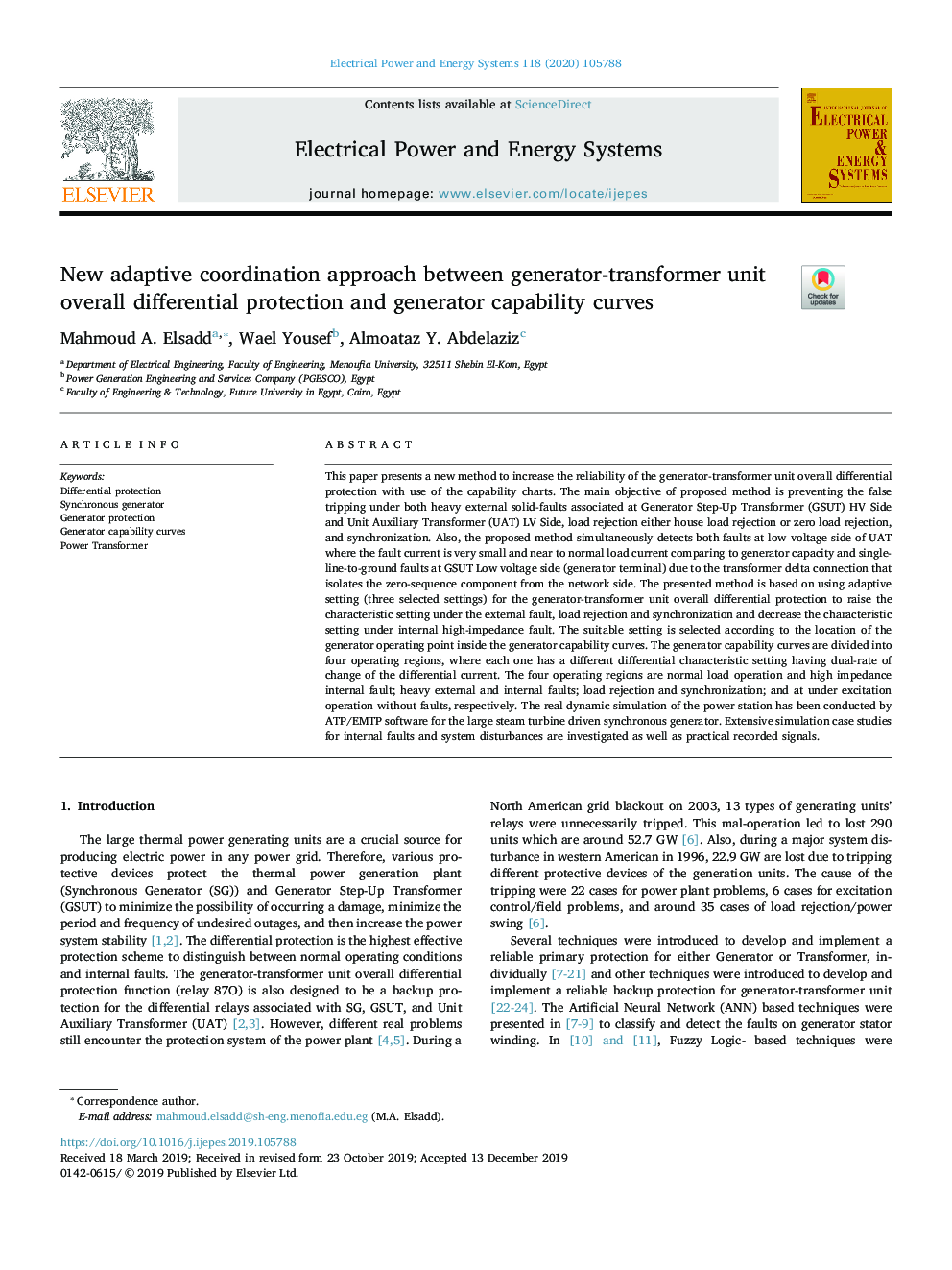 New adaptive coordination approach between generator-transformer unit overall differential protection and generator capability curves