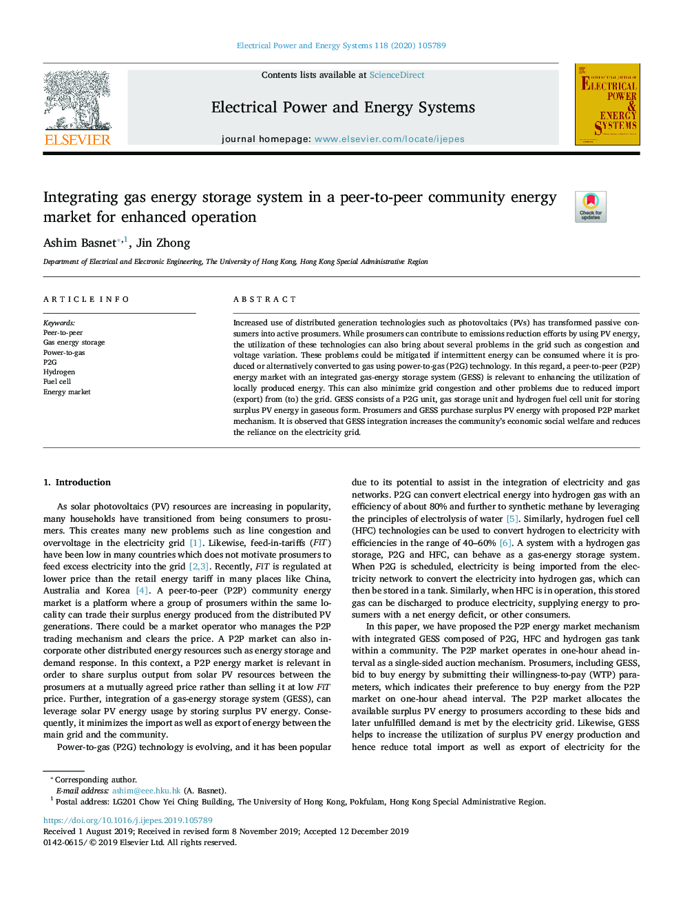 Integrating gas energy storage system in a peer-to-peer community energy market for enhanced operation