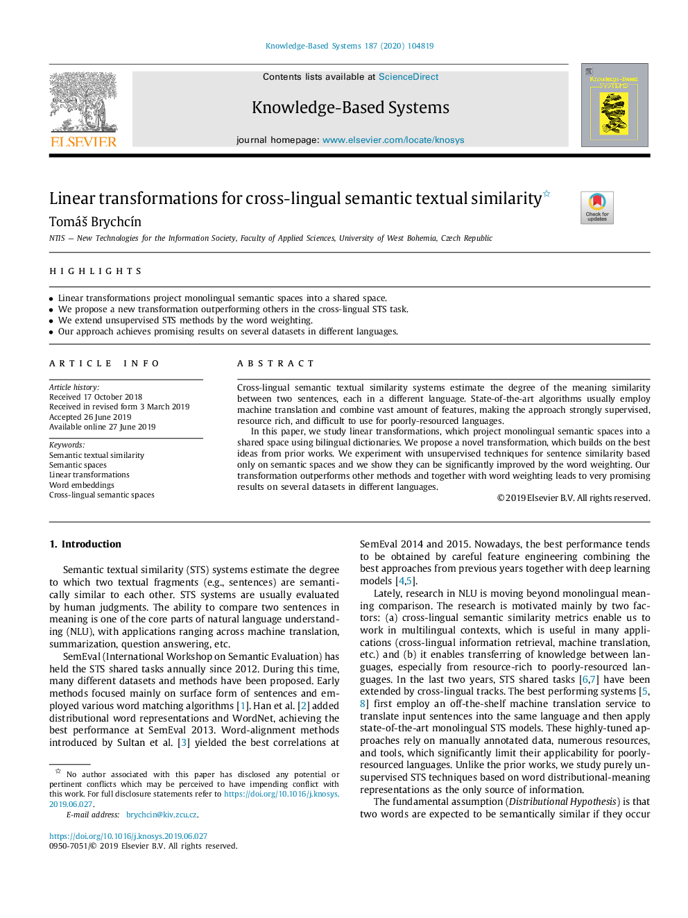 Linear transformations for cross-lingual semantic textual similarity