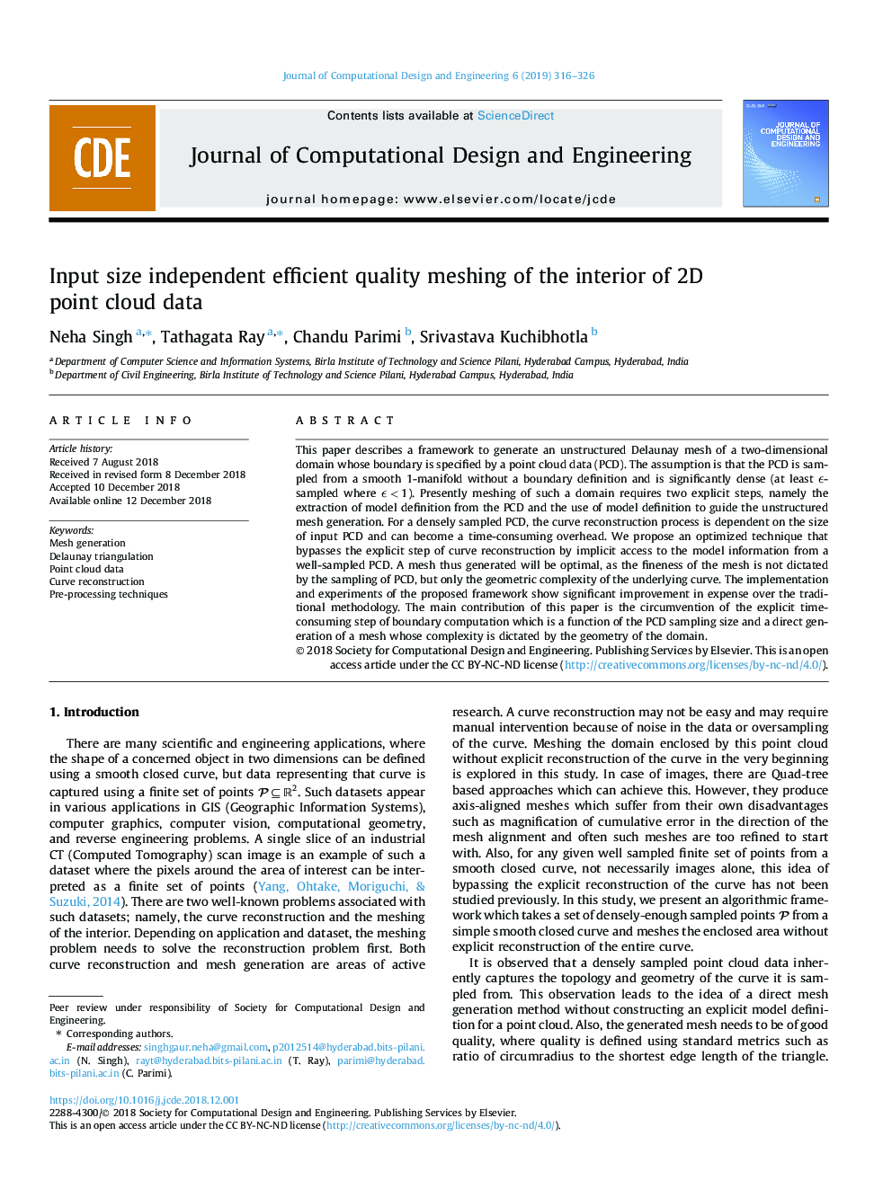 Input size independent efficient quality meshing of the interior of 2D point cloud data