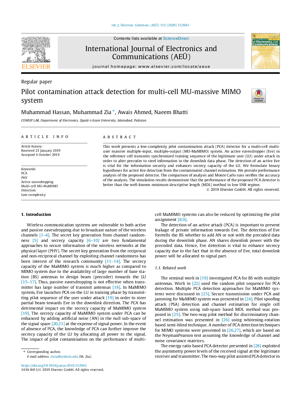 Pilot contamination attack detection for multi-cell MU-massive MIMO system