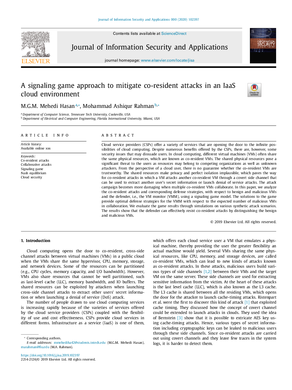 A signaling game approach to mitigate co-resident attacks in an IaaS cloud environment