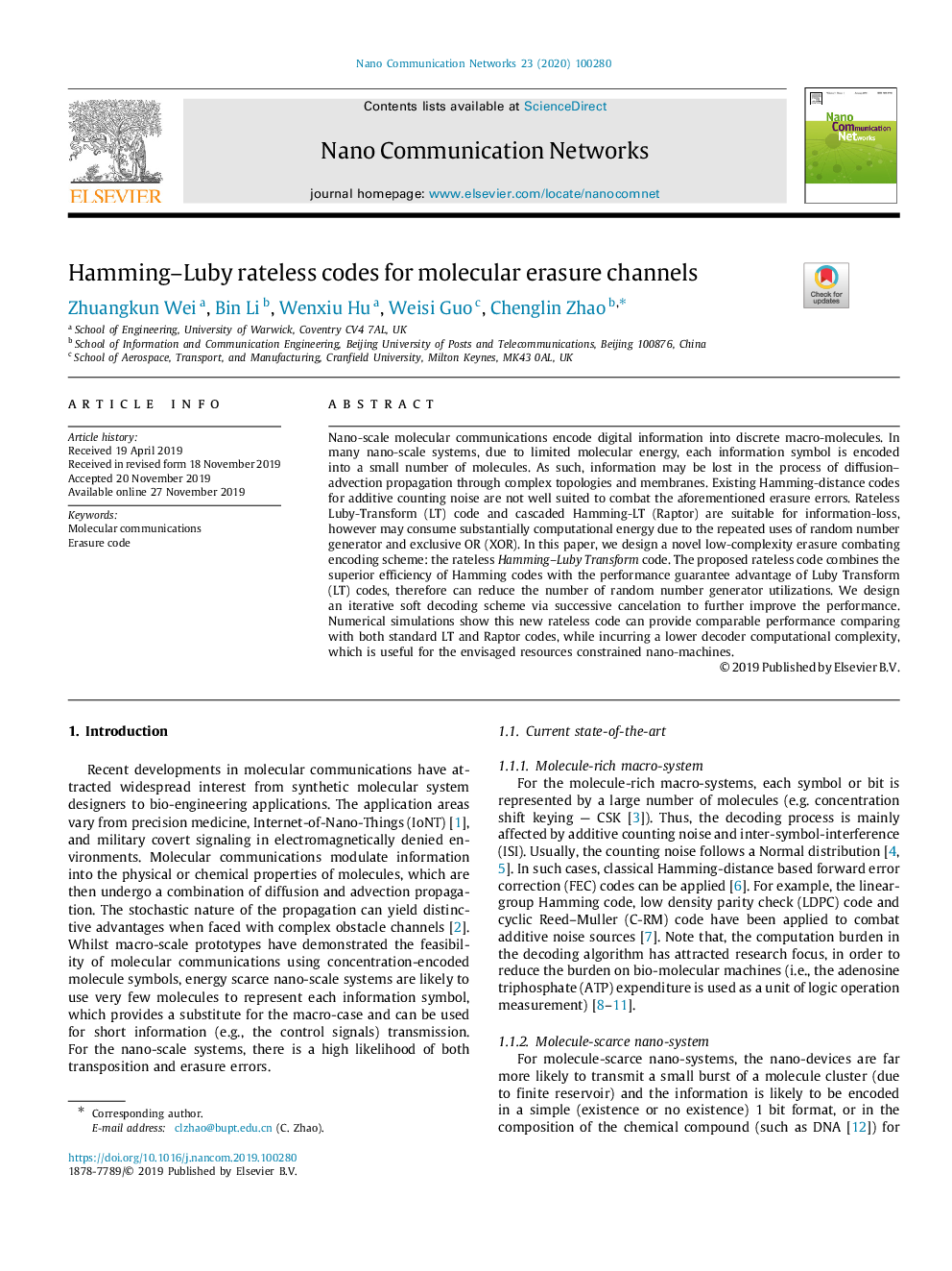 Hamming-Luby rateless codes for molecular erasure channels