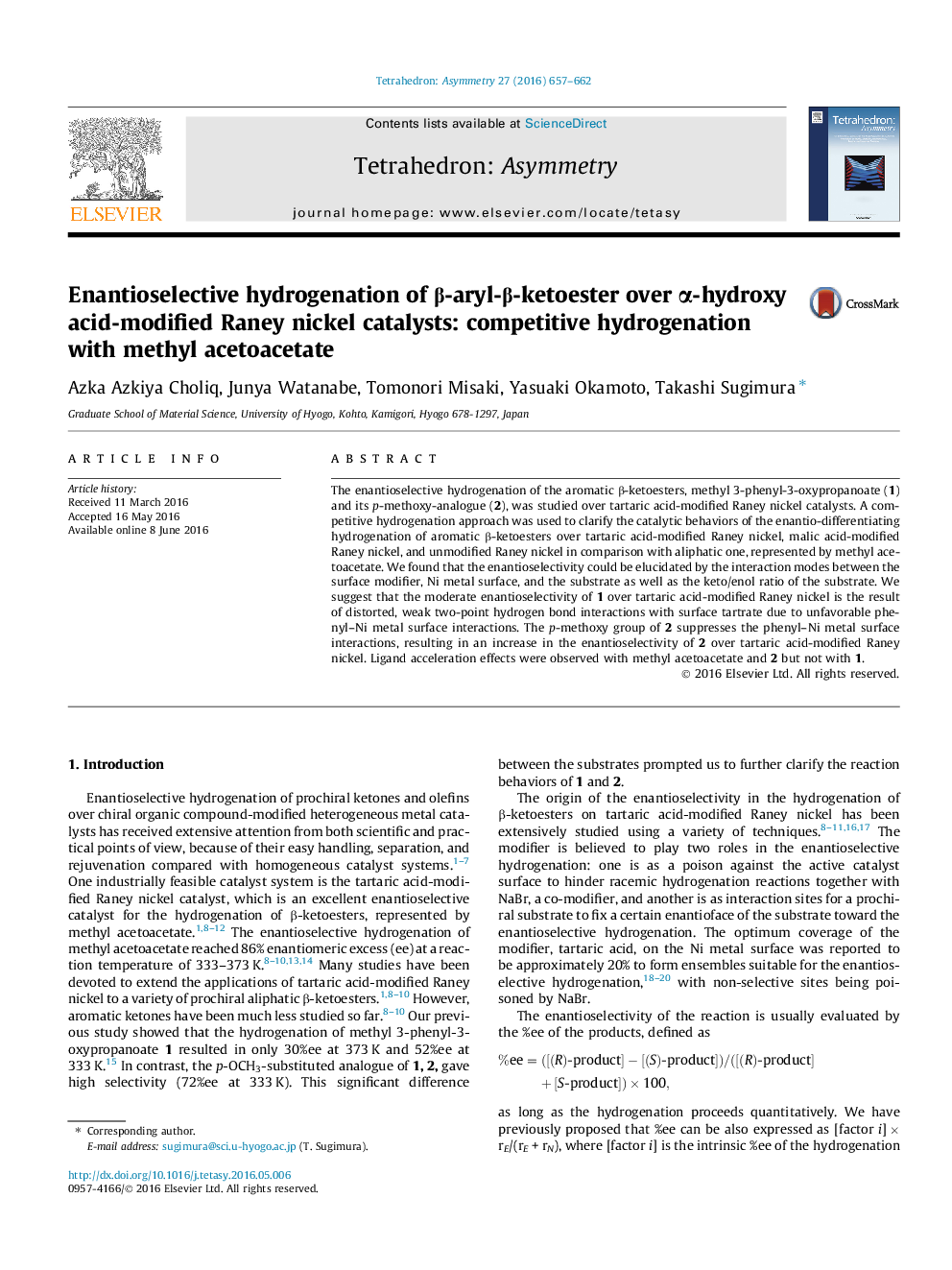 Enantioselective hydrogenation of β-aryl-β-ketoester over α-hydroxy acid-modified Raney nickel catalysts: competitive hydrogenation with methyl acetoacetate