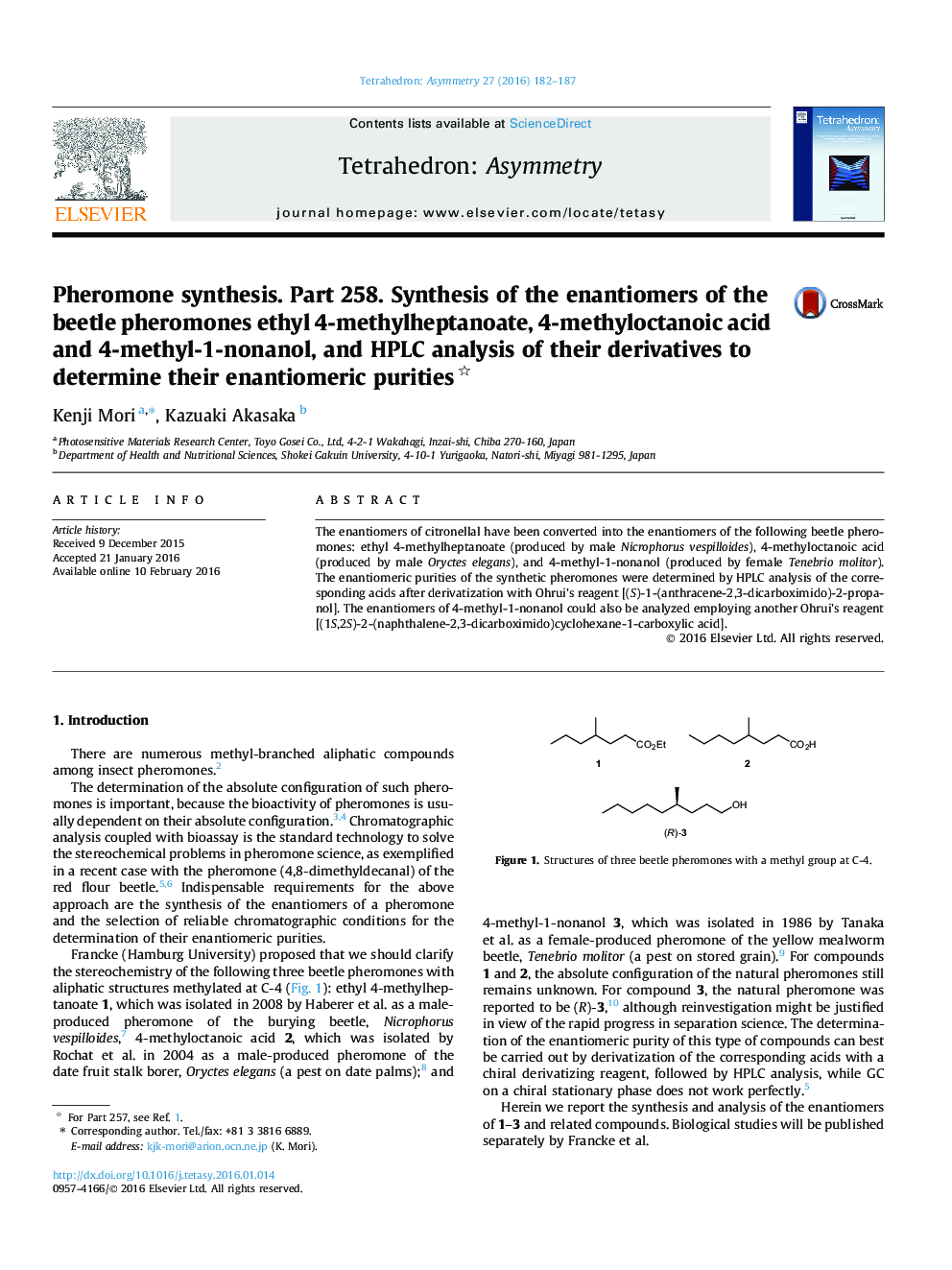 Pheromone synthesis. Part 258. Synthesis of the enantiomers of the beetle pheromones ethyl 4-methylheptanoate, 4-methyloctanoic acid and 4-methyl-1-nonanol, and HPLC analysis of their derivatives to determine their enantiomeric purities 