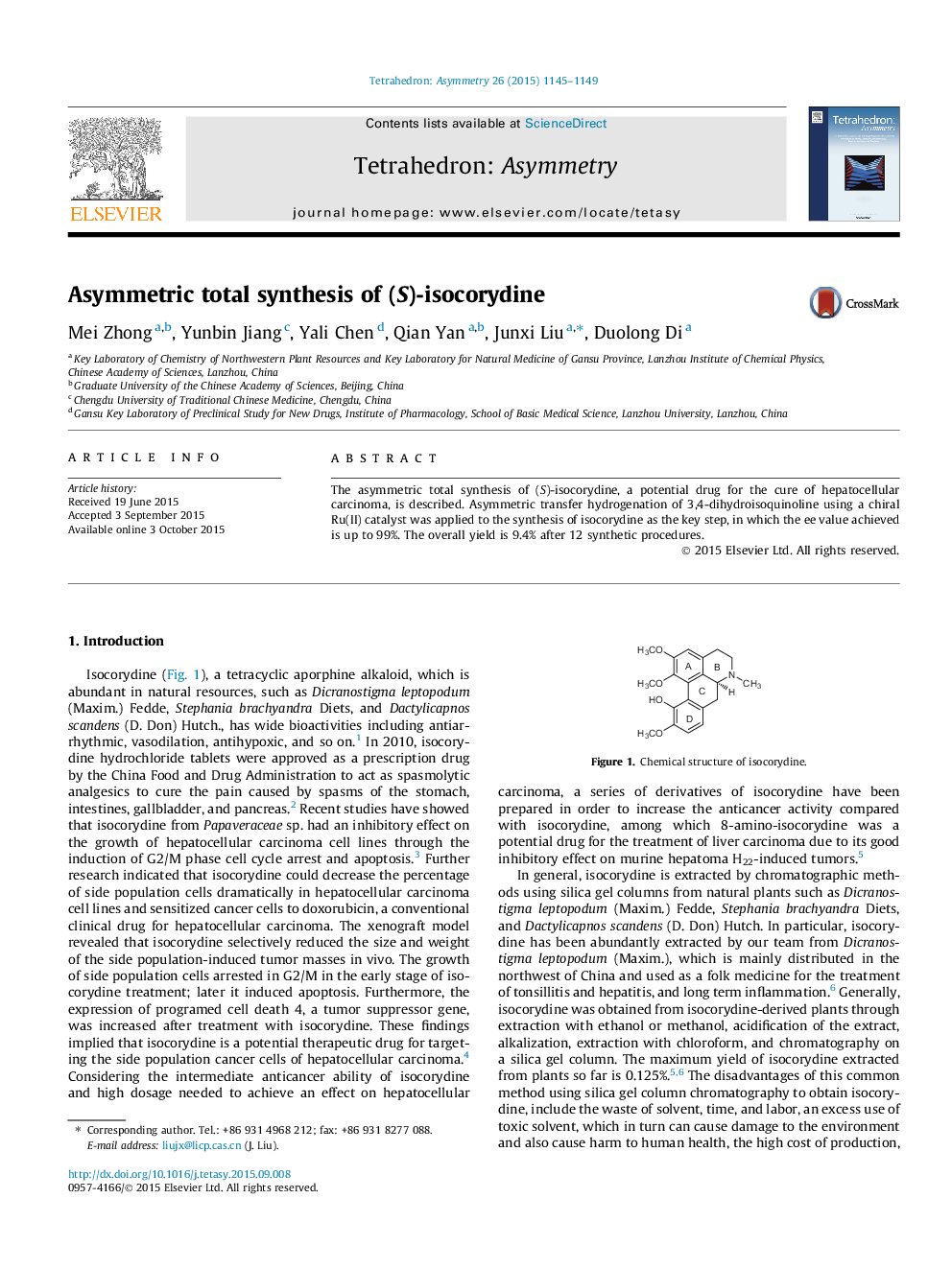 Asymmetric total synthesis of (S)-isocorydine