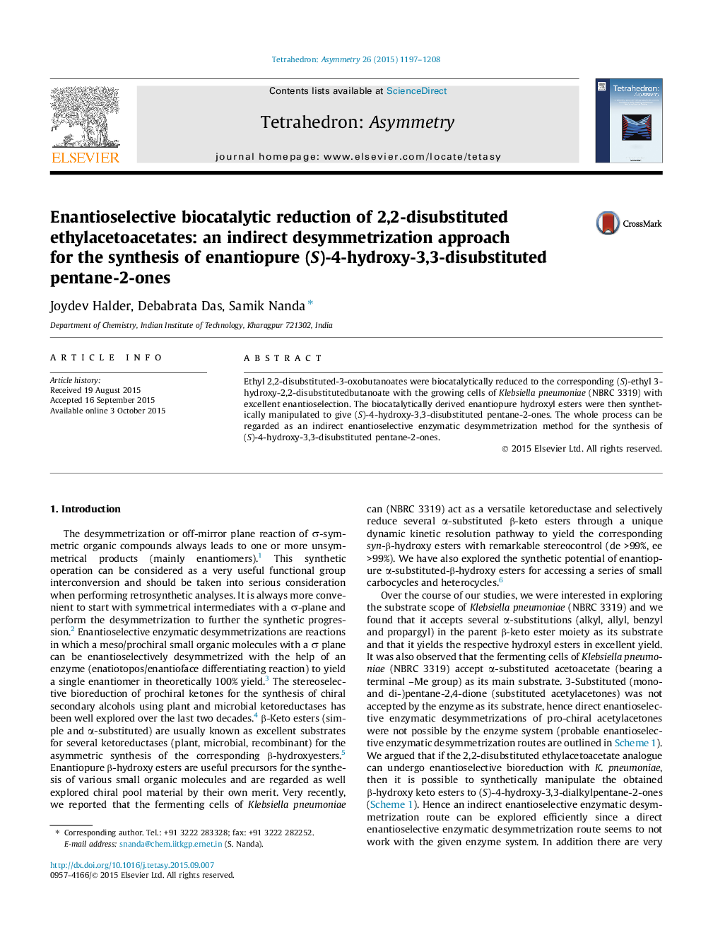 Enantioselective biocatalytic reduction of 2,2-disubstituted ethylacetoacetates: an indirect desymmetrization approach for the synthesis of enantiopure (S)-4-hydroxy-3,3-disubstituted pentane-2-ones