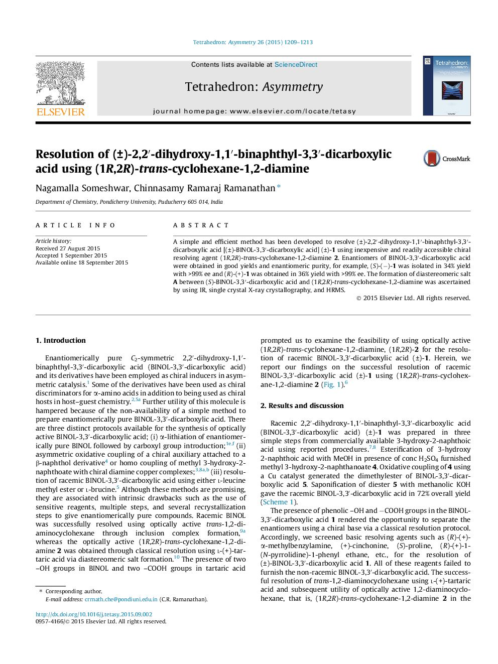 Resolution of (±)-2,2′-dihydroxy-1,1′-binaphthyl-3,3′-dicarboxylic acid using (1R,2R)-trans-cyclohexane-1,2-diamine