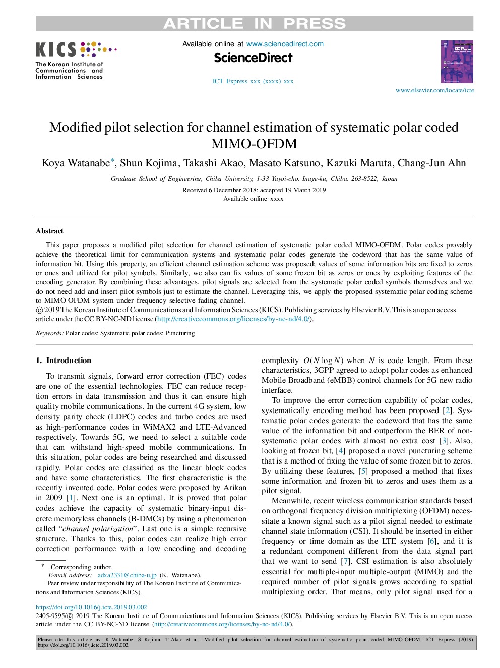 Modified pilot selection for channel estimation of systematic polar coded MIMO-OFDM