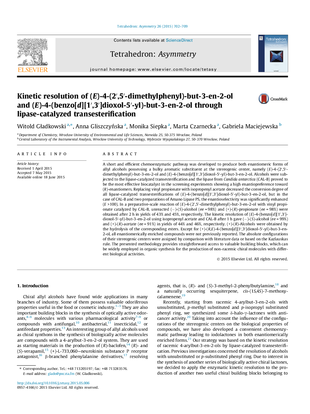Kinetic resolution of (E)-4-(2′,5′-dimethylphenyl)-but-3-en-2-ol and (E)-4-(benzo[d][1′,3′]dioxol-5′-yl)-but-3-en-2-ol through lipase-catalyzed transesterification