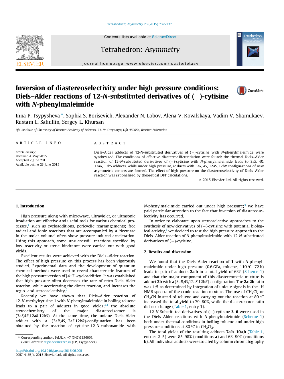 Inversion of diastereoselectivity under high pressure conditions: Diels–Alder reactions of 12-N-substituted derivatives of (−)-cytisine with N-phenylmaleimide
