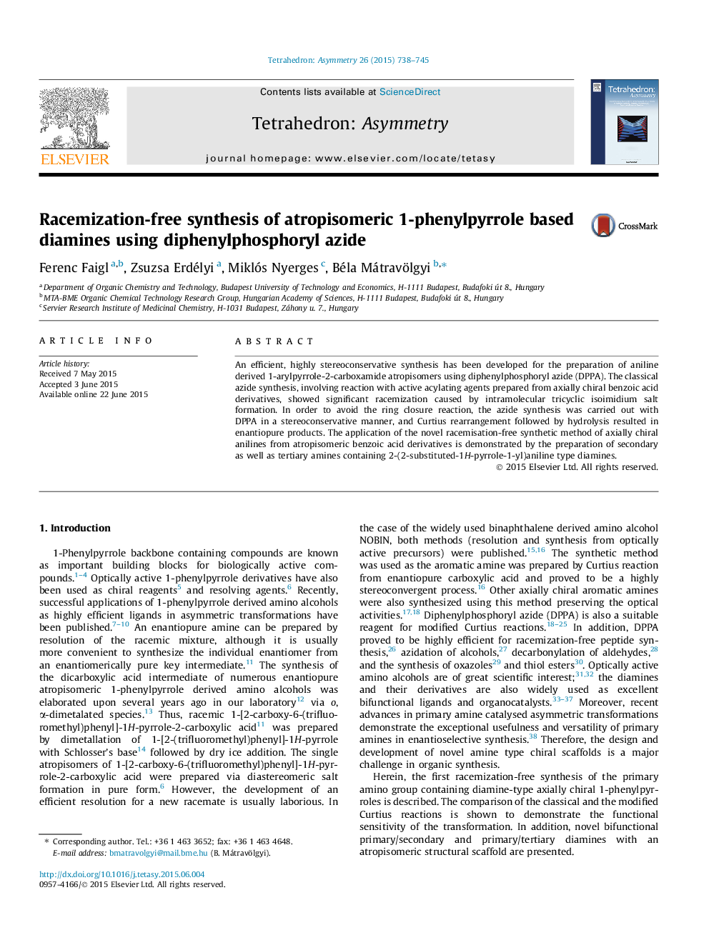 عکس صفحه اول مقاله: Racemization-free synthesis of atropisomeric 1-phenylpyrrole based diamines using diphenylphosphoryl azide Racemization-free synthesis of atropisomeric 1-phenylpyrrole based diamines using diphenylphosphoryl azide