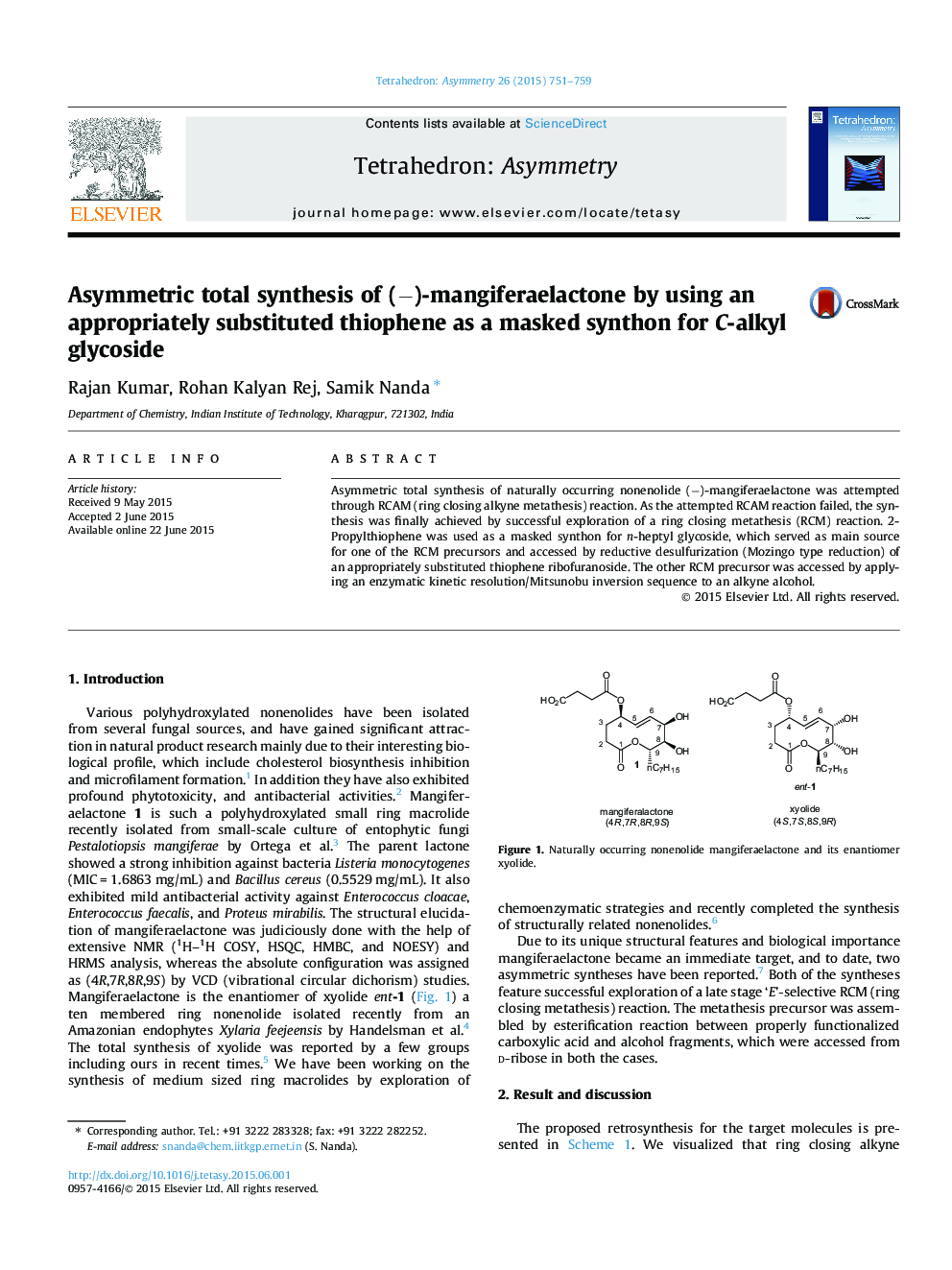 عکس صفحه اول مقاله: Asymmetric total synthesis of (−)-mangiferaelactone by using an appropriately substituted thiophene as a masked synthon for C-alkyl glycoside Asymmetric total synthesis of (−)-mangiferaelactone by using an appropriately substituted thiophene as a masked synthon for C-alkyl glycoside