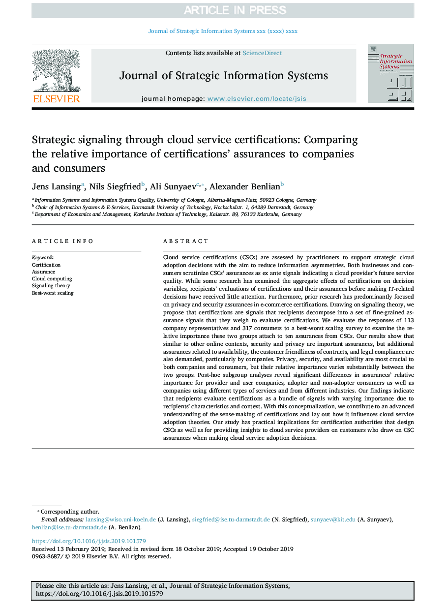 Strategic signaling through cloud service certifications: Comparing the relative importance of certifications' assurances to companies and consumers