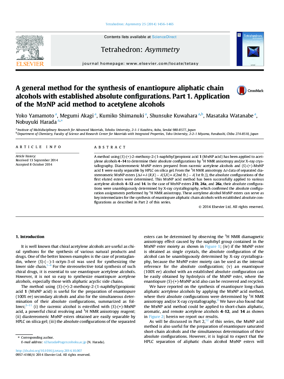A general method for the synthesis of enantiopure aliphatic chain alcohols with established absolute configurations. Part 1. Application of the MαNP acid method to acetylene alcohols
