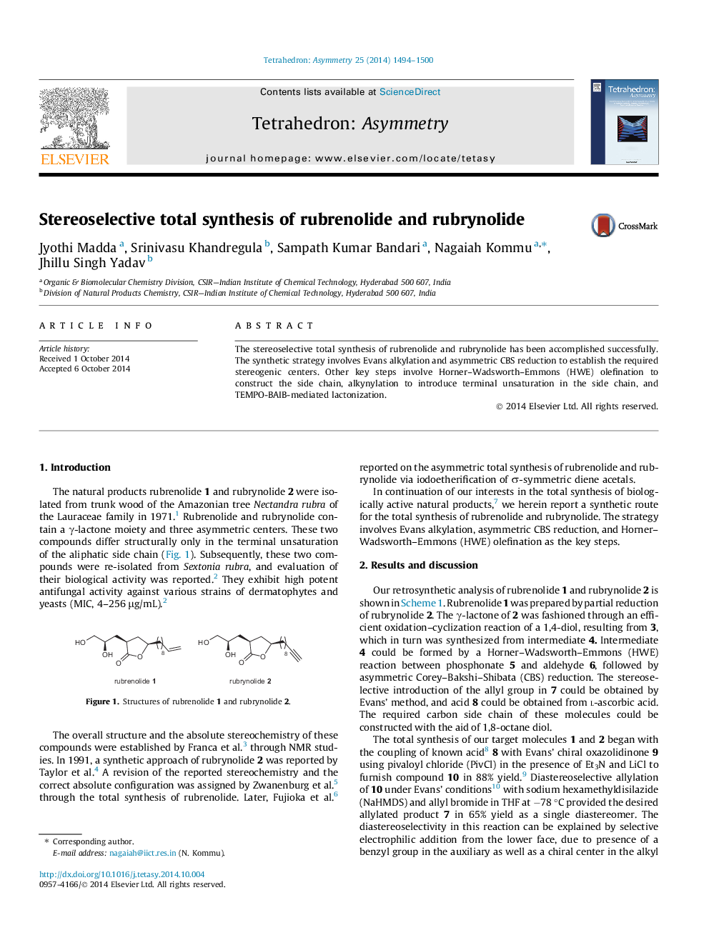 Stereoselective total synthesis of rubrenolide and rubrynolide