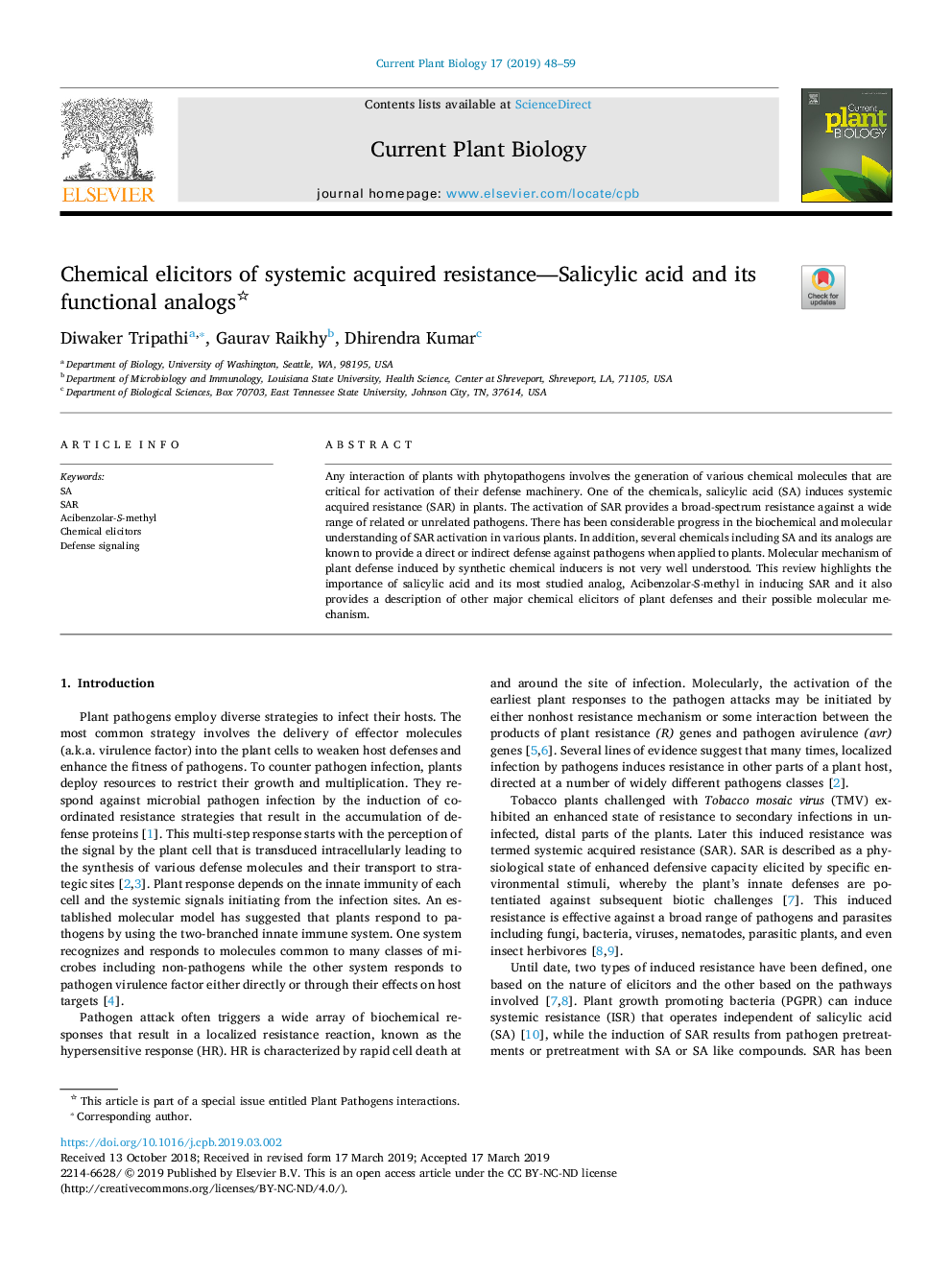 Chemical elicitors of systemic acquired resistance-Salicylic acid and its functional analogs