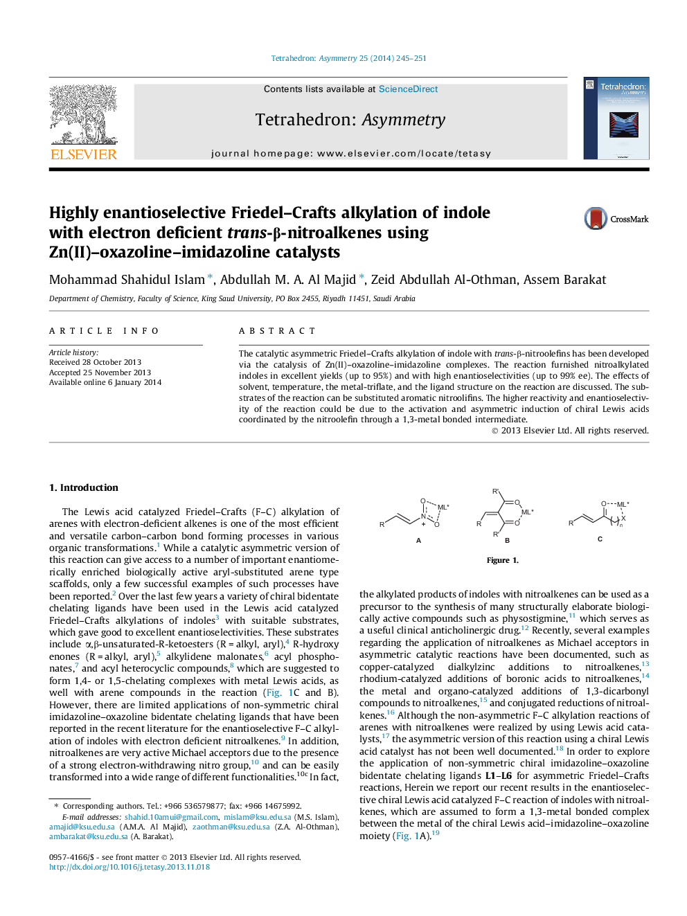 Highly enantioselective Friedel–Crafts alkylation of indole with electron deficient trans-β-nitroalkenes using Zn(II)–oxazoline–imidazoline catalysts